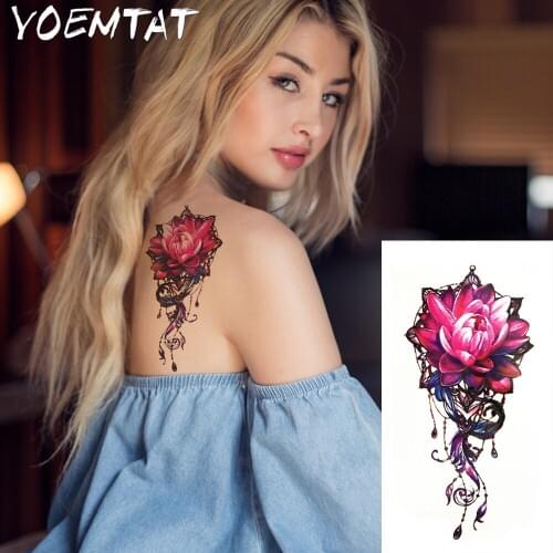 1PC Colorful Lotus Hot Black White Large Flower Henna Temporary Tattoo Black Mehndi Style Waterproof Tattoo Sticker