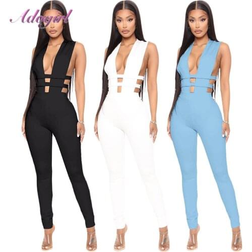 Women Solid Color Deep V Neck Hollow Out Bandage Skinny Jumpsuit Summer Outfit Sleeveless Party Clurompers Avtivewear Overalls