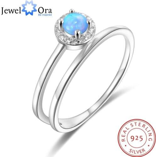 JewelOra 925 Sterling Silver Double Layered Ring with Round Blue Opal Stone Female Silver Rings for Women Minimalist Jewelry