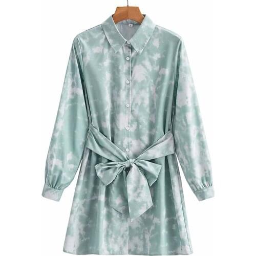 YENKYE Vintage Print Shirt Dress Women Lapel Collar Long Sleeve Sashes Casual Dress Female Summer Short Vestido