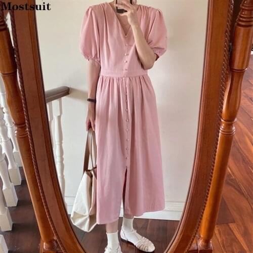 Vintage Dress For Women 2021 Summer Short Sleeve V-neck Buttons Long Elegant Pleated Dresses Korean Ropa Mujer