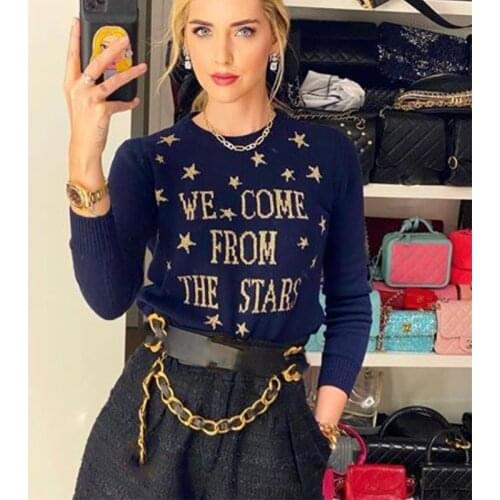 100% Pullovers Women Stars Wool Long Sleeve Knitted Sweater Gold Star Letter Jumpers NavySweater Blue Soft Knitwear