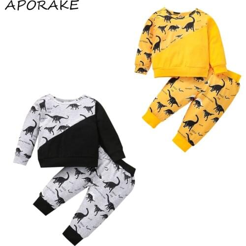 2021 3-24M Infant Baby Boy Clothing Set Dinosuar Print Patch Long Sleeve O Neck Sweatshirt+Long Pants Spring Fall 2pcs Outfits