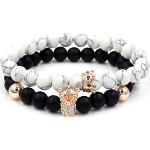 8mm 2PCS/Lot yfh3 gold silver Copper cz zircon cubic zirconia elastic crown white Howlite volcanic lava Bracelet Bangles