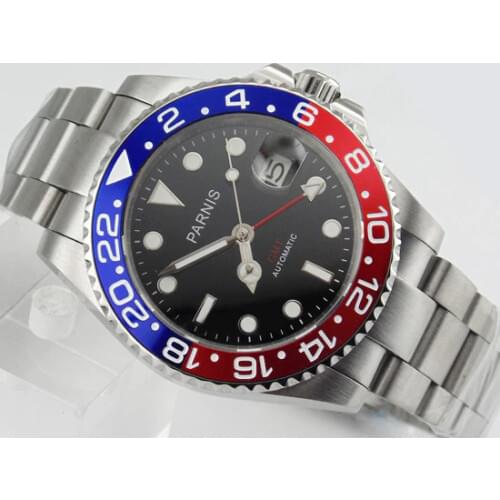 Parnis watch 40mm GMT red and blue Bezel sapphire date automatic for Mens Gift E1544