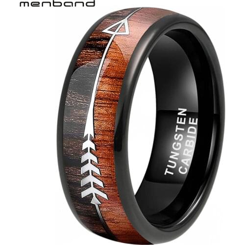 Black Tungsten Wedding Bands For Men Women Engagement Rings Domed Band Koa Wood And Arrow Inlay 6MM 8MM Comfort Fit