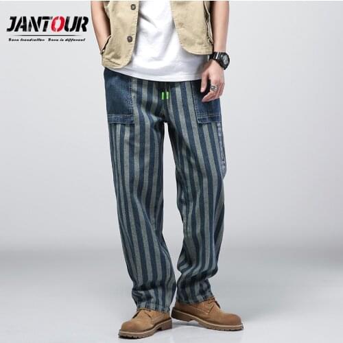 Brand Men Clothing Vertical Stripes Men Jeans Fashion Big Pocket Patchwork Loose Trousers 2021 Stretch Straight Denim Pants Male