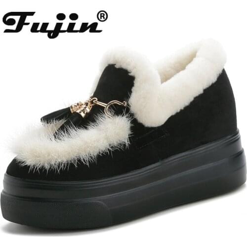 Fujin 8cm Genuine Leather Women Snow Boots Ankle Fur Warm Plush Platform Wedge Hidden Heel Women Winter Shoes botas de mujer