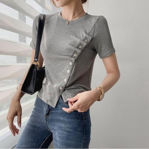 Short T-Shirt Gray Knitted Asymmetrical T Shirt Women Summer Slim 2021 Elasticity Korean Style Woman Clothes Tee Shirt Femme