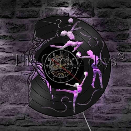 Artistic Gymnastics Ribbon Girl Vinyl Record Wall Clock With LED illumination Female Gymnast LED Night Light