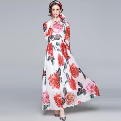 JSXDHK Runway Fashion Holiday Style Dress Elegant Spring Women Rose Print Chiffon Long Dresses Flower Silk Scarf Maxi Vestidos