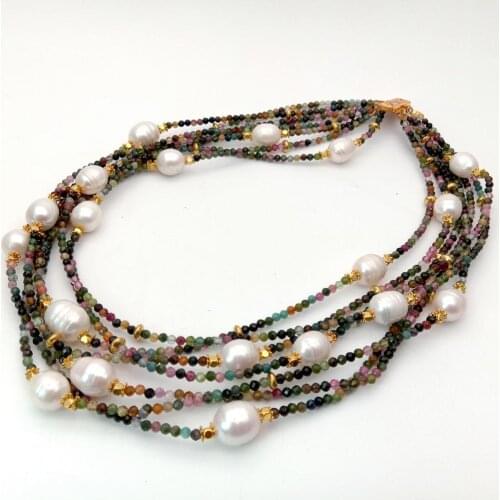 YYGEM 19" 7 Strands Natural Mixed Color Faceted Tourmaline White Rice Freshwater Pearl Necklace luxury party for women