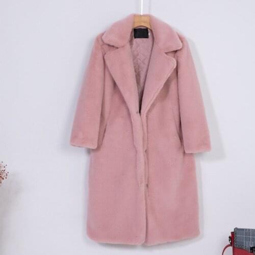Winter New Turn Down Collar Faux Leather Fur Long Coats Women Patchwork Long Sleeve Loose Straight Warm Thicken Plush Coats