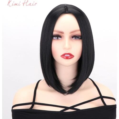 10inch Straight Bob Wig Middle Part Natural Short Black Heat Resistant Fiber Synthetic Wigs