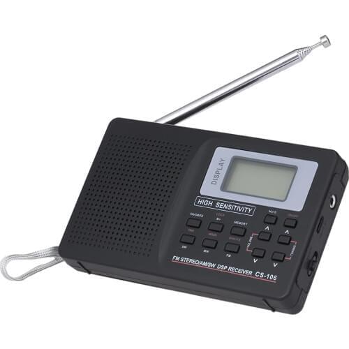 Portable FM/AM/SW Radio Multiband Digital Stereo Radio Receiver Earphone Output Time Display External Antenna with Alarm Clock