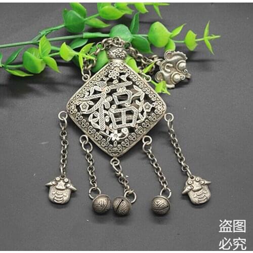 Tibetan silver Old Feng Shui Hollow out Engraving Fu Shou sachet Pendant