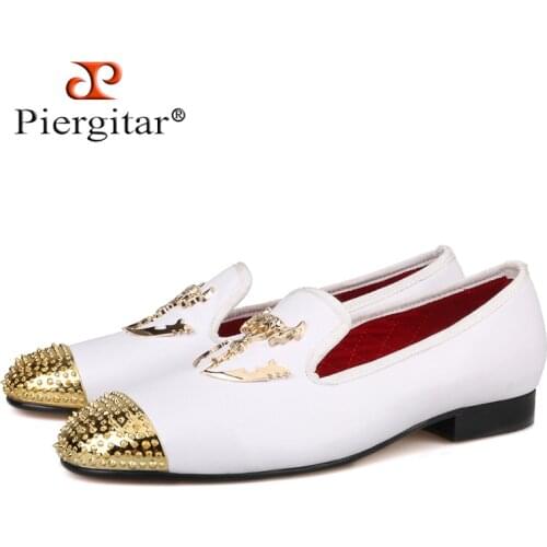 Piergitar 2018 New gold toe and Metal Skull buckle Men genuine leather shoes Men party and wedding Loafers handmade Mens Flats