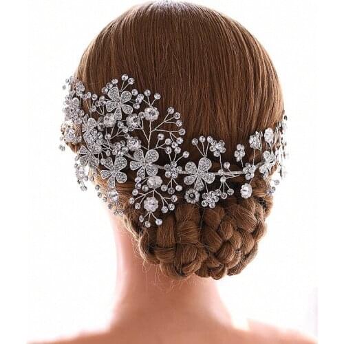 SLBRIDAL Handmade Silver Color Crystal Rhinestone Pearl Flower Leaf Wedding Tiara Headband Bridal Hair Accessories Women Jewelry