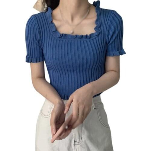 Knitted Square Neck Short-sleeved T-shirt Women Summer New Ice Silk Short Tee Shirt Top