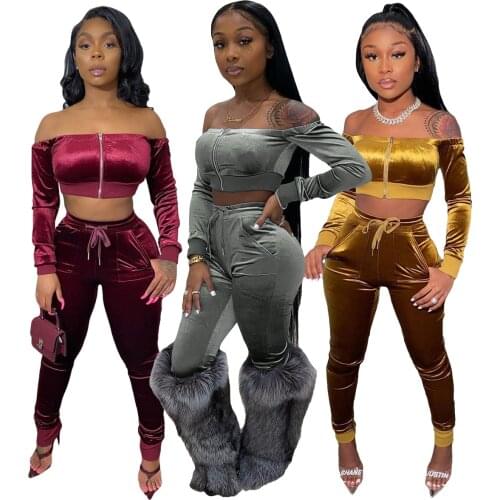 M7399 Wholesale Items Summer Womens Off Shoulder Top 2 Pieces High Waist Skinny Wear Pants Set Two Piece Set