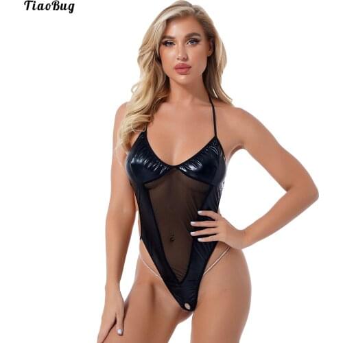TiaoBug Women Lace-Up Crotchless Faux Leather Bodysuit Underwear Nightwear See-Through Mesh Patchwork High Cut Leotard