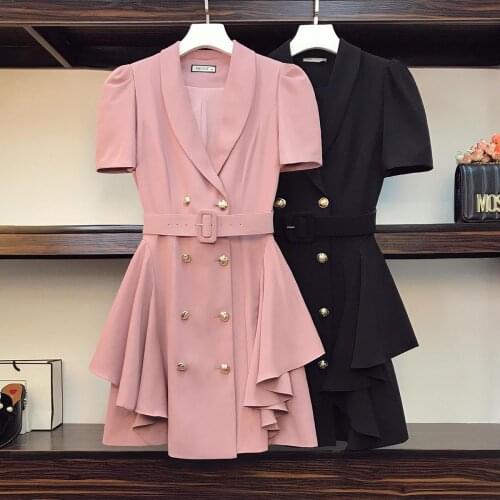 Plus size office ladies elegant notched collar solid dresses Summer Short Sleeve Double Breasted Ruffles Patchwork Vestidos 2021
