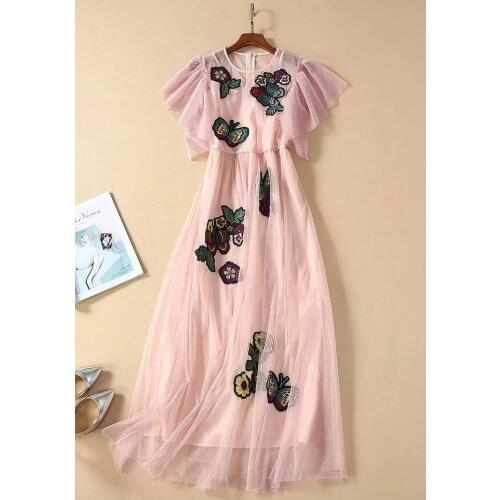 2021 Spring Summer Dress Long Dress Short Sleeve Empire Crew Neck Flora Print Fashion Dress Embroidery