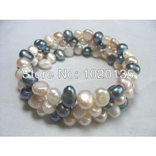 3rows freshwater pearl multicolor baroque 7.5inch bracelet nature FPPJ