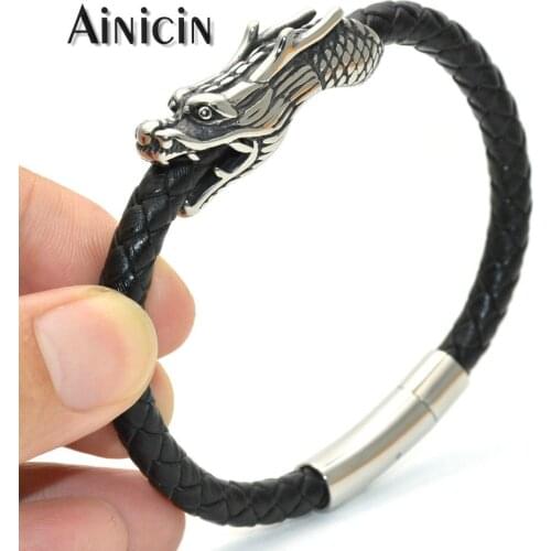 316L Stainless Steel Chinese Dragon Through 8mm Genuine Black Leather Bangles Fashion Mens Hologram Bracelet Birthday Gift