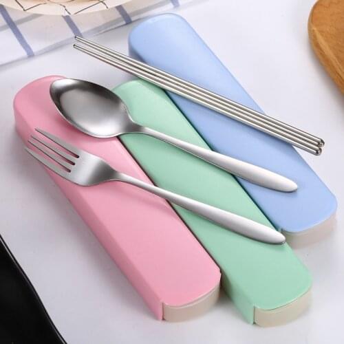 4pcs/set Portable Travel Stainless Steel Tableware With Box Fork Spoon Chopsticks Dinnerware For Kid School Cutlery