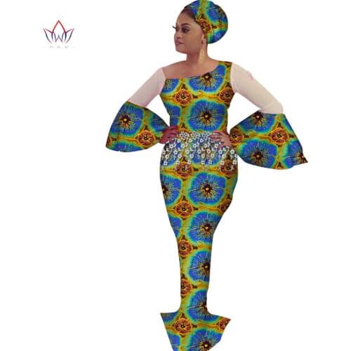 Bazin Riche African Print Evening Tassel Long Dresses African Dresses for Women African Clothes lantern Sleeve Dresses WY3664