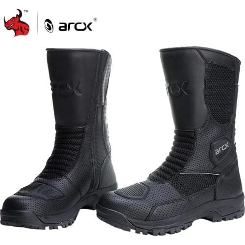 ARCX Motorcycle Boots Genuine Cow Leather Motocross Boots Summer Breathable Moto Boots Motorbike Riding Boots Black Botas Moto
