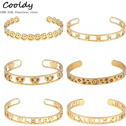 Punk Stainless Steel Bracelets For Women Bangle Bracelet Smile Face Roman Numeral Bracelet Geometric Open Cuff Bracelet Jewelry