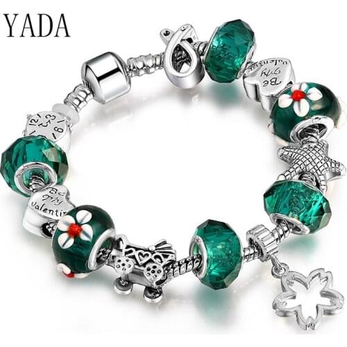 YADA INS Green Flower Bracelets&Bangles silver color Alarm clock For Women Bracelets Charm Crystal Jewelry Bracelet BT200198