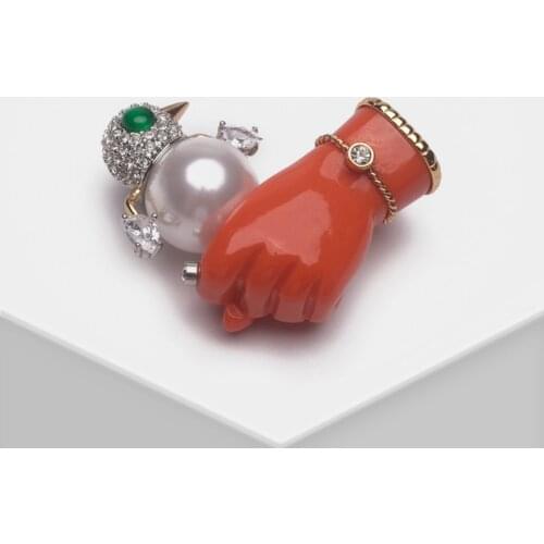 Amorita boutique Palm and artificial pearl bird brooch