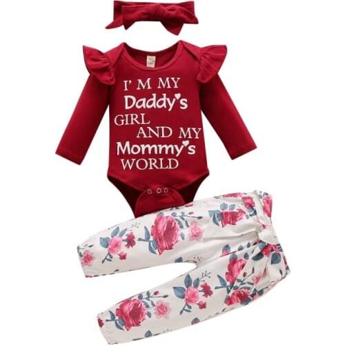 Childrens Baby Cute Cotton Alphabet Romper + Floral Trousers + Headband Three-piece Wine Red 2021 Hot