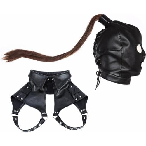 Steampunk Accessories of Unisex Leather Fetish Mask with Hair Ponytail for Sexy Coplay Rave Festival Chest Belt Headgear Outfit