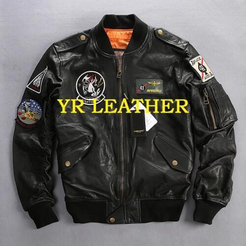 YR!Free shipping.tanning goatskin.Brand classic A1 leather bomber jacket,mens flight genuine leather coat,plus size