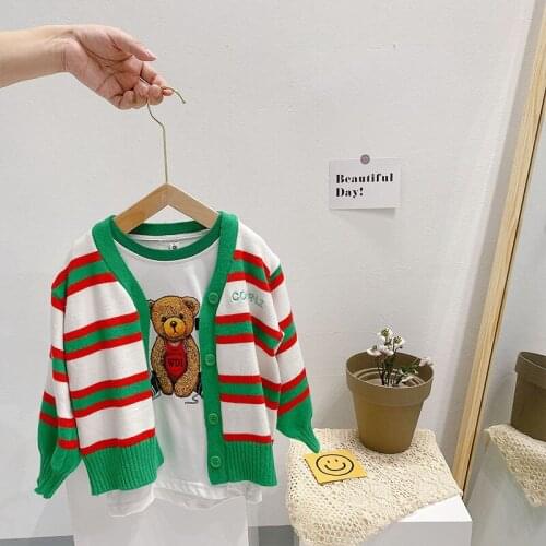 Striped Girls Coat Autumn Sweater Cardigan New Fashion Single Breasted Children Clothes V-neck Long Sleeved Knitted Cardigan