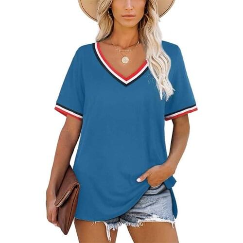 Summer T Shirt Women Clothes Solid Color Short Sleeve Striped Sexy V-neck Tops Loose Patchwork Split Casual Streetwear Tee Shirt