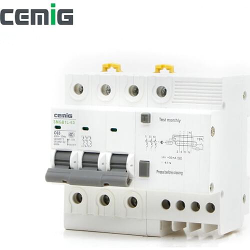 Cemig RCBO Miniature Leakage Circuit Breaker MCB Phase Line+Neutral+Leakage Protection RCD AC230V SMGB1L-63/3P+N