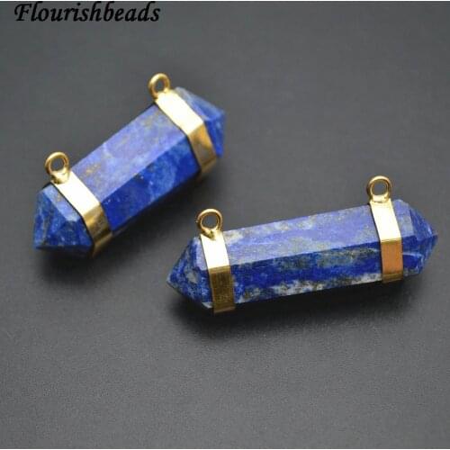 Natural Lapis Lazuli Stone Double Point Pillar Two Loops Pendant Fit Fashion Necklace Making 5pc per lot