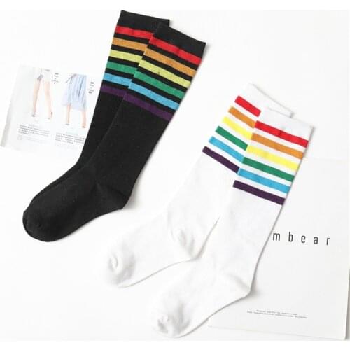 New arrival womens long socks multicolor stripes cotton sexy rainbow socks student style party street danci