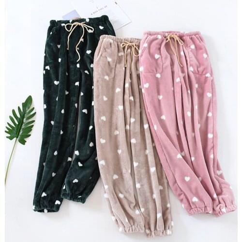 Pijamas Women Winter Warm Flannel Pants Lounge Wear Cute Printed Trousers Windproof Plus Size Home Pants Loose Cartoon Sleepwear