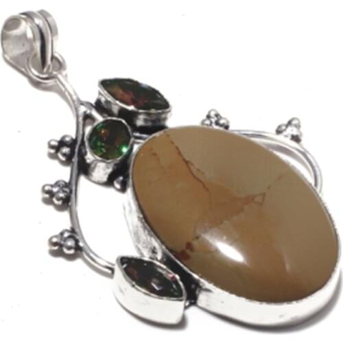 Genuine Mookaite Jasper + Mystic Topaz Pendant Silver Overlay over Copper , Hand made Women Jewelry gift, P8576