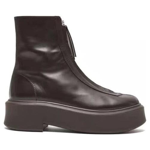 Drop Shipping Woman Fashion Black Genuine Leather Thick Heel Platform Ankle Boots Zipper Front Round Toe Ankle Martin Boots