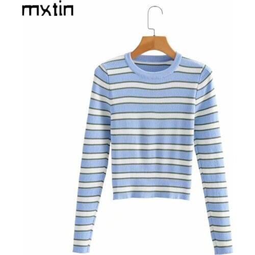 MXTIN 2021 Wome Spring Vintage Stripe Sweet Knitted Pullover Sweater Elegant Long sleeve Slim Outerwear Ladies Chic Jumper Tops