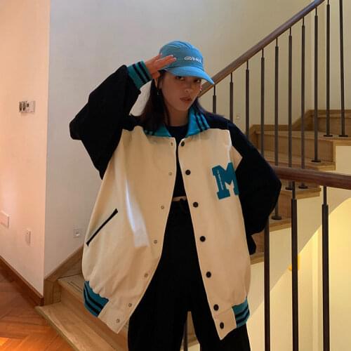 Spring Girls Contrast Lapel Jacket Baseball Coat Bomber Women Uniform Clothes Female Ladies Streetwear Casual Loose Windbreaker