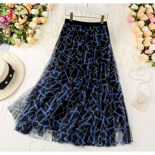 Spring Summer Double Layers Mesh Long Womens Skirts High Waist Print Elegant Office Ladies A-Line Pleated Skirt Korean Fashion