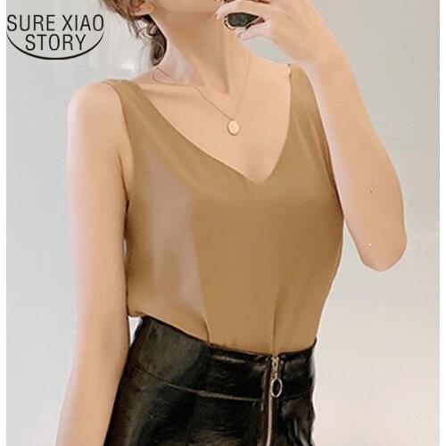 2020 Women Tops and Blouses Plus Size Korean Fashion Clothing Chiffon Women Blouses Sleeveless V-Neck White Women Shirts 9821